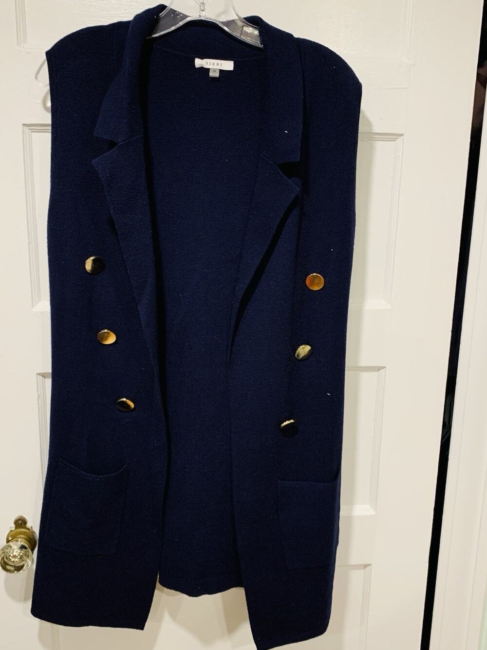 Sioni Long Beige Sleeveless Open Vest Navy Blue Size M with Slanted Buttons